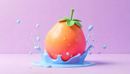 3D stylized strawberry with blue splash and lilac backgroundの写真素材