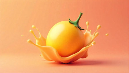 Stylized fruit orb and splashing juice against peach background