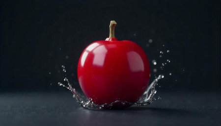 Red apple with water droplets on a black background