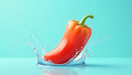Vibrant red pepper splashing into water with aqua background