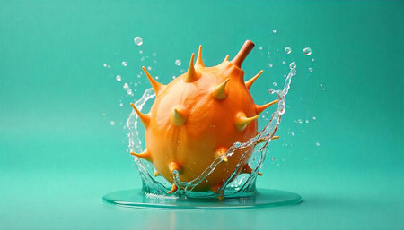 Kiwano melon splashing in clean water on bright surface