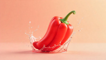 Red bell pepper with splashing water on peach background