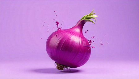 Vibrant purple onion with water splash on purple backgroundの写真素材