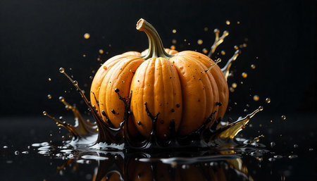 Pumpkin with liquid splash against dark background for Halloweenの写真素材
