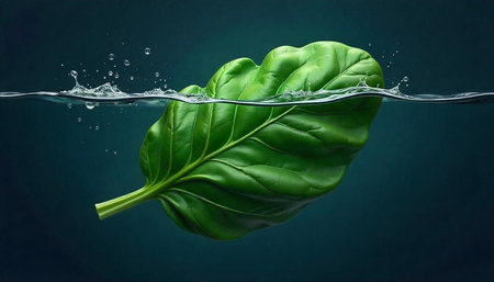 Fresh green leaf submerged in water with splash effectの写真素材