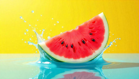 Watermelon splash with refreshing aqua against a vibrant backgroundの写真素材