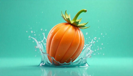 Orange fruit splashing into teal water with vibrant hues