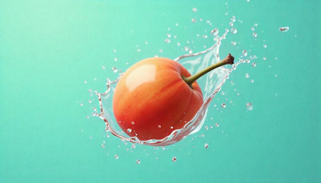 Fresh peach and water splash on vibrant background