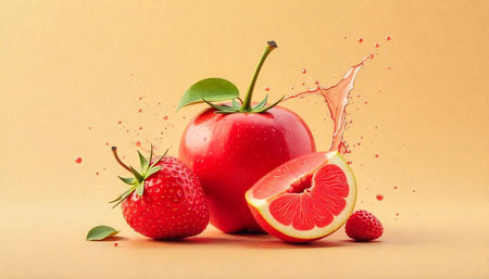 Vibrant still life of fresh fruits with juice splashの写真素材