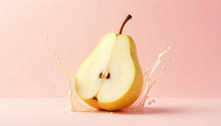 Sliced pear with splashing milk on pastel pink background