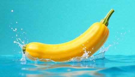 Yellow zucchini splashing in water against a blue backgroundの写真素材