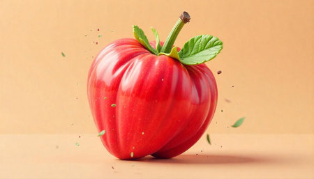 Vibrant red heirloom tomato with leaves on neutral backgroundの写真素材