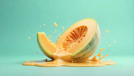 Vibrant honeydew melon halves with juice splashes on blueの写真素材