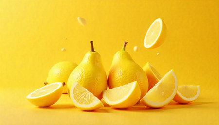 Bright yellow still life with pears and lemon slices