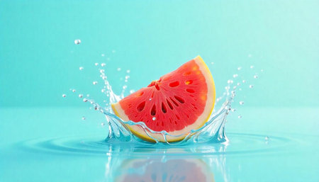 Grapefruit slice falling into water creating splash effectの写真素材