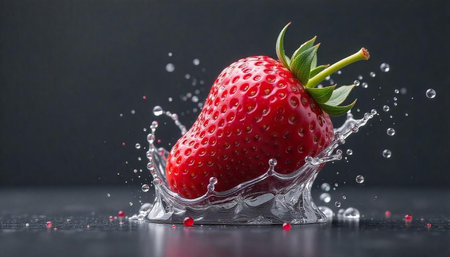 Fresh strawberry splashing into water against dark gray backgroundの写真素材