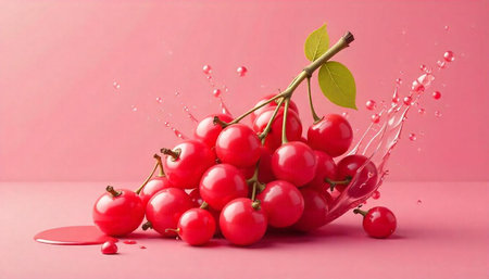 A vibrant still life of fresh cherries on pink