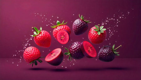 Floating strawberries on gradient background surrounded by water dropletsの写真素材