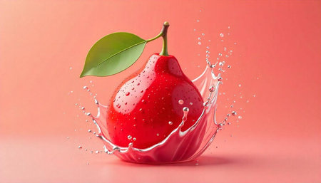 Red pear with splash on pink background studio shotの写真素材