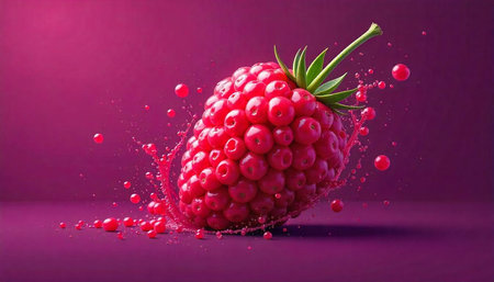 Vibrant raspberry fruit with splash on a purple backgroundの写真素材