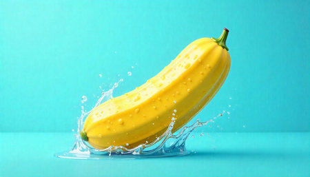 Fresh yellow zucchini splashing water on a blue backgroundの写真素材