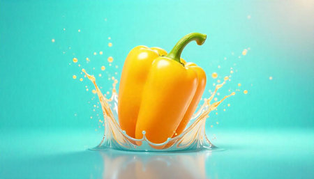 Yellow pepper and splash on a vibrant colored background