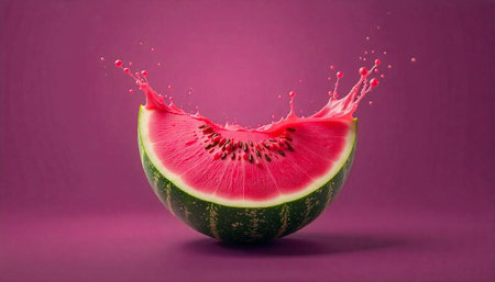 Vibrant watermelon slice with splashing juice on solid backgroundの写真素材