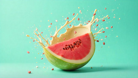 Watermelon splash on pastel background, a vibrant summer treatの写真素材