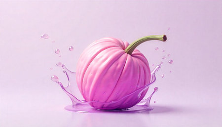 Pink pumpkin splash with droplets on soft pastel background