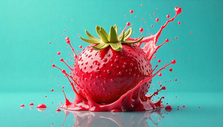 Vibrant Strawberry Splash Still Life on Cyan Background