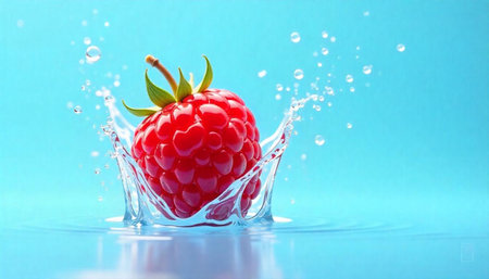 Red raspberry falling into water with splash and droplets
