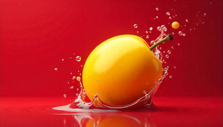 Fresh Yellow Apple Splashing into Red Liquid Backdropの写真素材