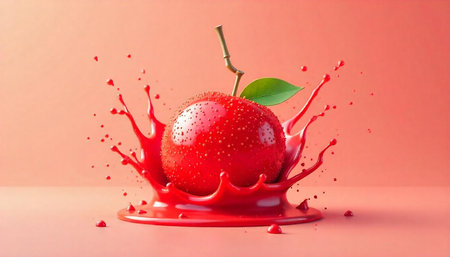 A vibrant red berry splashing into matching liquid pool