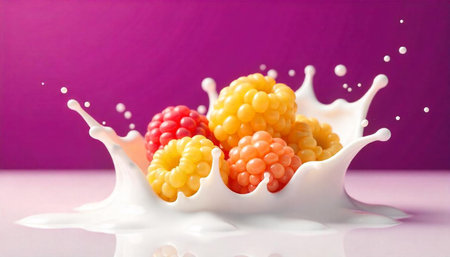 Colorful raspberries splashing in milk against vibrant backgroundの写真素材