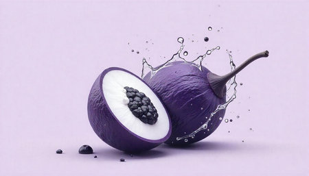 Sliced exotic fruit with splash against a soft backdropの写真素材