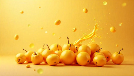 Vibrant yellow pears with splashing juice on uniform backgroundの写真素材