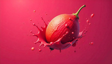 Red Pear Splashing into Red Liquid on Red Background
