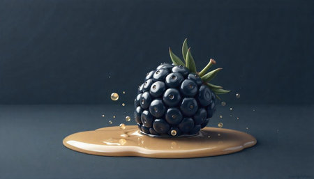 Single blackberry with sauce splash on dark studio background