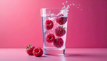 Fresh raspberries in clear water glass on pink background