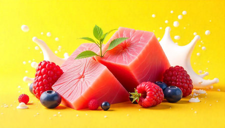 Geometric fruit arrangement with milk splash on yellow background