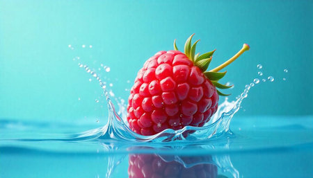 Raspberry splashing into clear water on a bright dayの写真素材