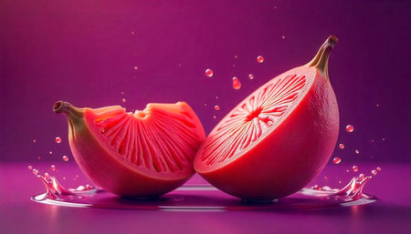 Two halves of a ripe fig with water droplets