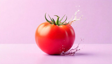 Vibrant tomato with water splash on a pink background