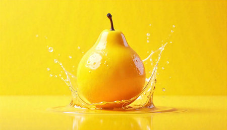 Vibrant yellow pear splashing into yellow liquid with backgroundの写真素材