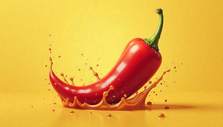 Vibrant red chili pepper with honey splash on yellow