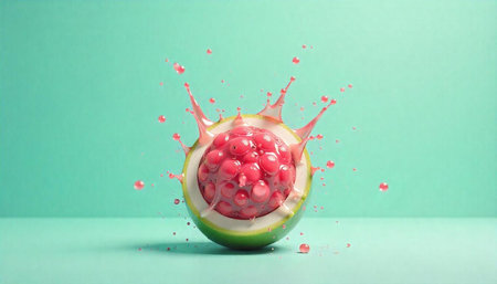 Vibrant fruit explosion with splashing liquid on plain background