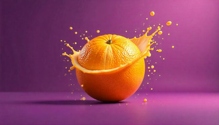 Orange juice splash on orange fruit vibrant studio shot