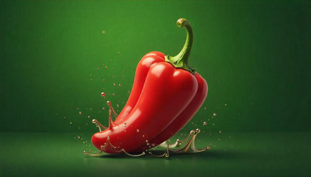 Striking red bell pepper with a splash against green backdrop