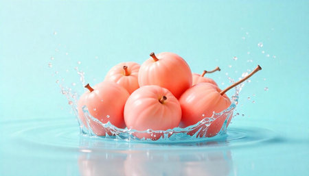 Pastel apples in water splash against a light blue background