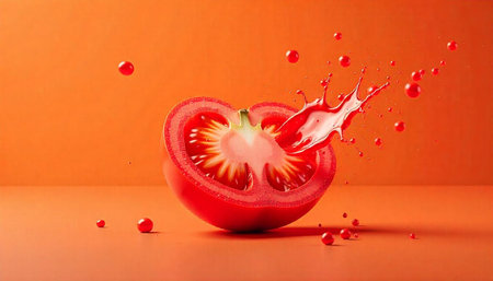 Fresh tomato slice with vibrant juice splash on orange backgroundの写真素材